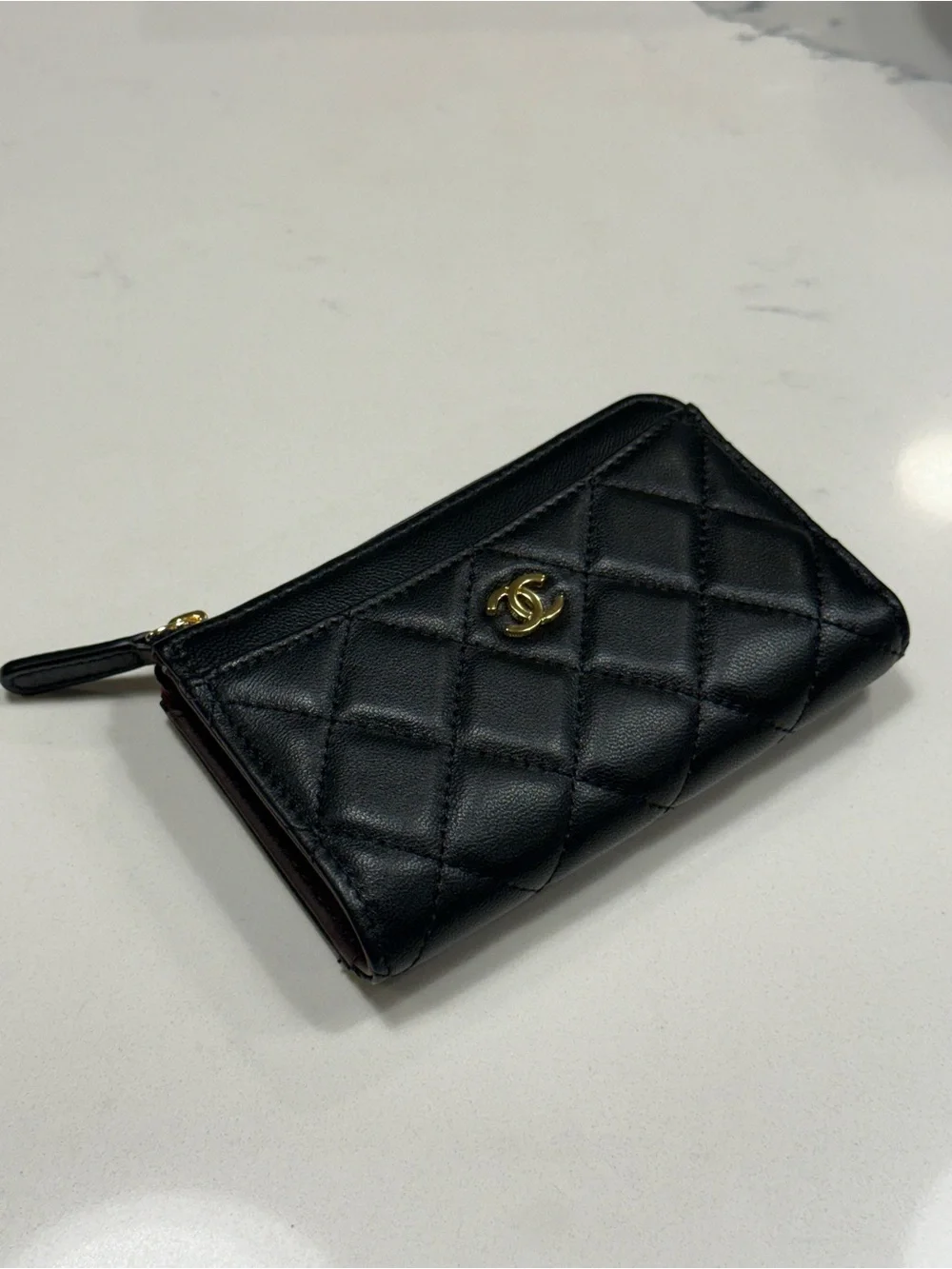 CHANEL Black Quilted Leather Card Holder with Gold CC Emblem